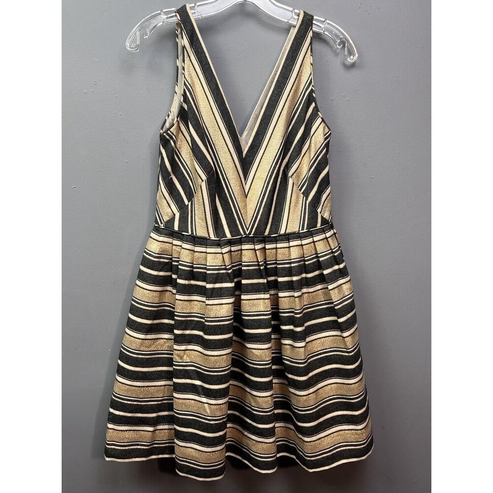 J. Crew Metallic Dress Womens 4 Gold Gray Striped V-Neck Fit & Flare Pockets